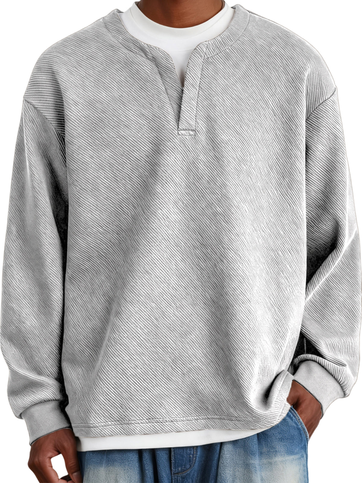 Men's Faux Two-Piece Heavyweight Twill V-Neck Pullover