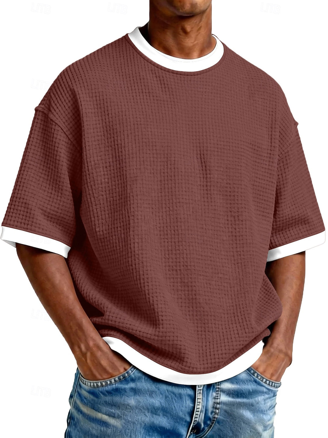Men's Casual And Stylish Waffle-knit Color-block Crew Neck T-shirt
