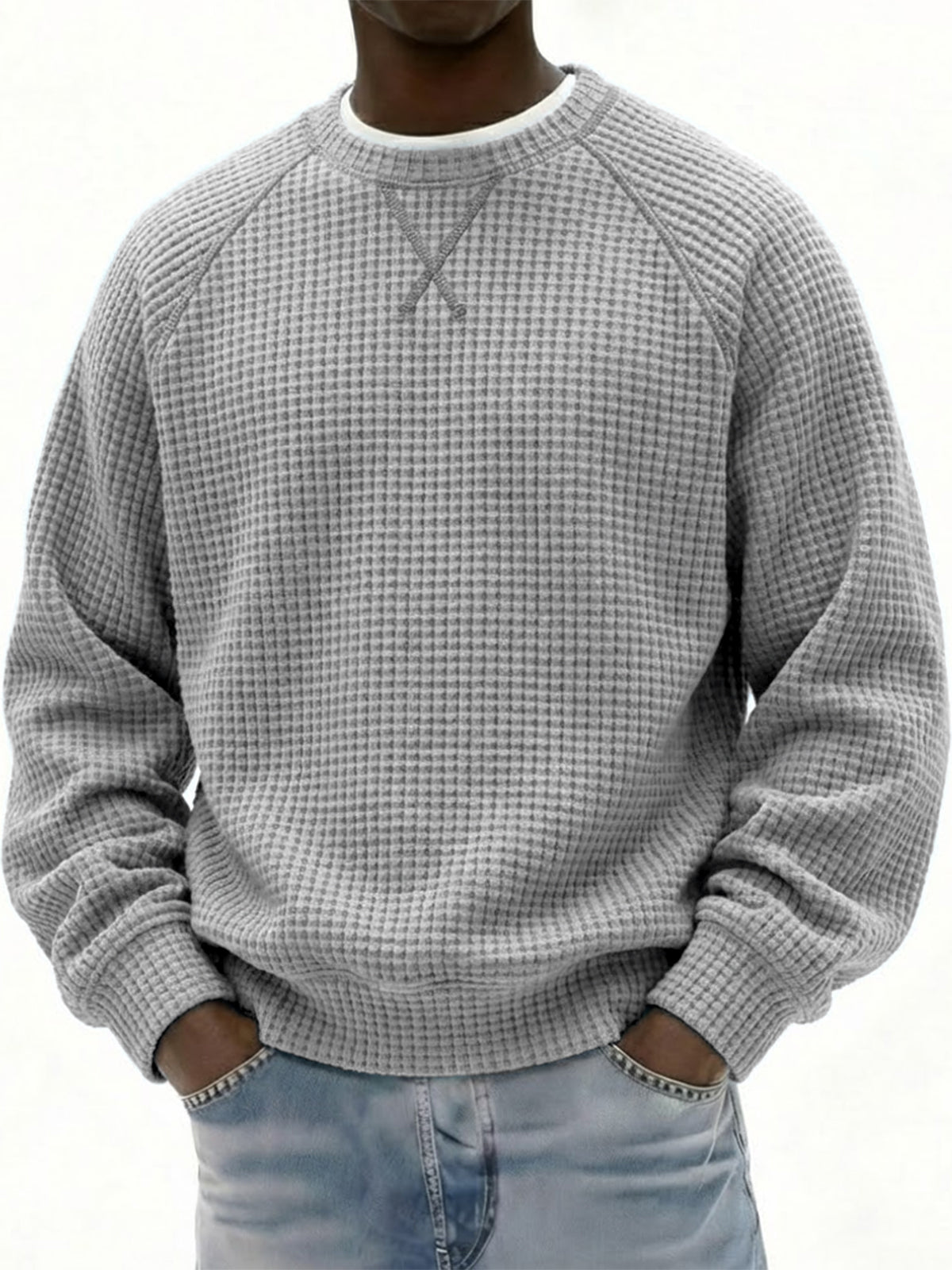 Men's Breathable Waffle Texture Patchwork Design Raglan Minimalist Pullover Top