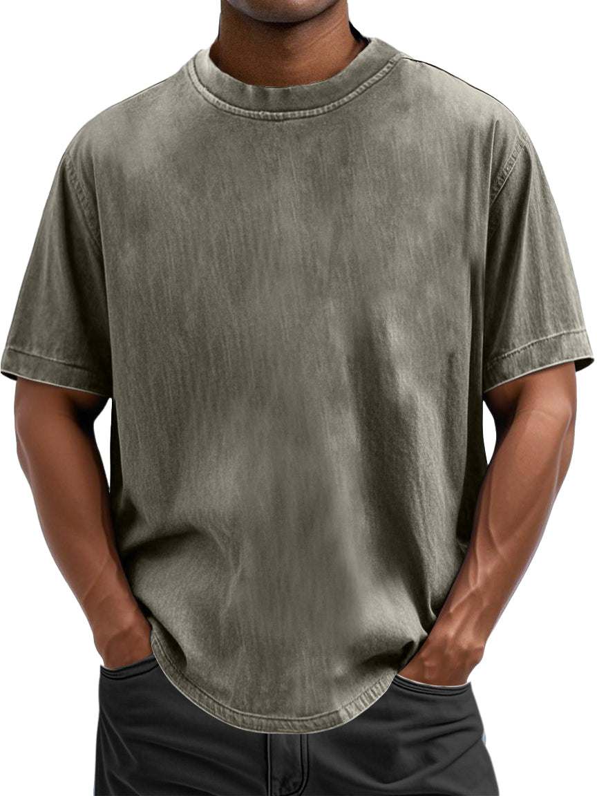 Men's 100% Cotton Casual Basic Versatile Washed Distressed Retro Short-sleeved T-shirt