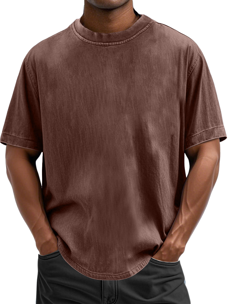 Men's 100% Cotton Casual Basic Versatile Washed Distressed Retro Short-sleeved T-shirt