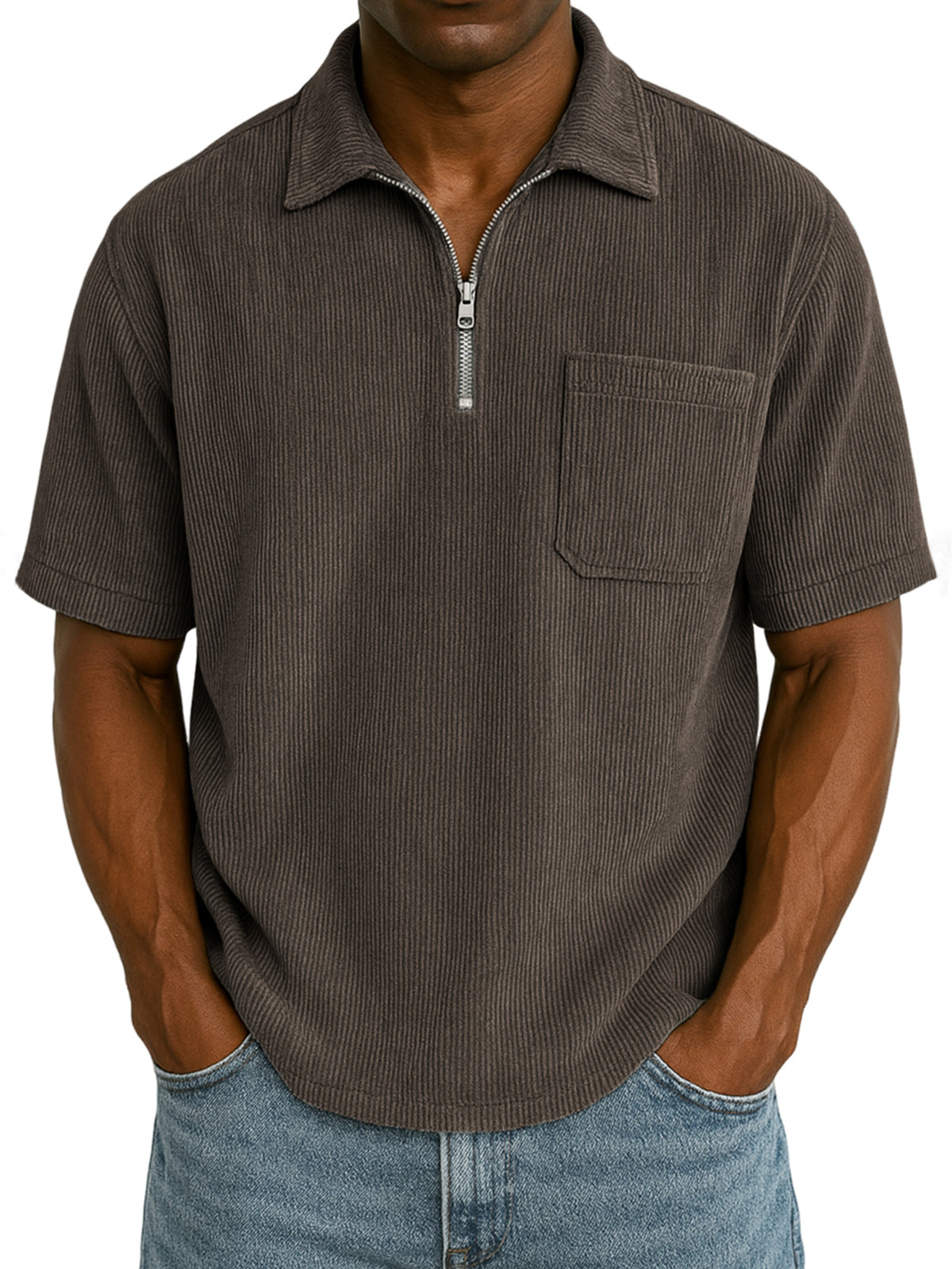 Men's Stylish Ribbed Pit Corduroy Quarter-Zip Casual Short Sleeve POLO Shirt