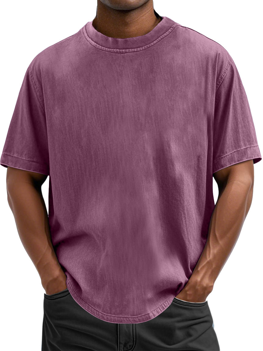 Men's 100% Cotton Casual Basic Versatile Washed Distressed Retro Short-sleeved T-shirt