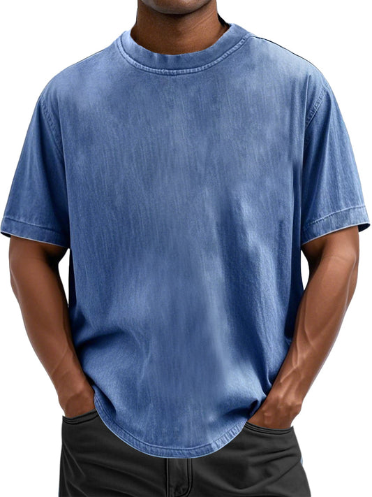 Men's 100% Cotton Casual Basic Versatile Washed Distressed Retro Short-sleeved T-shirt