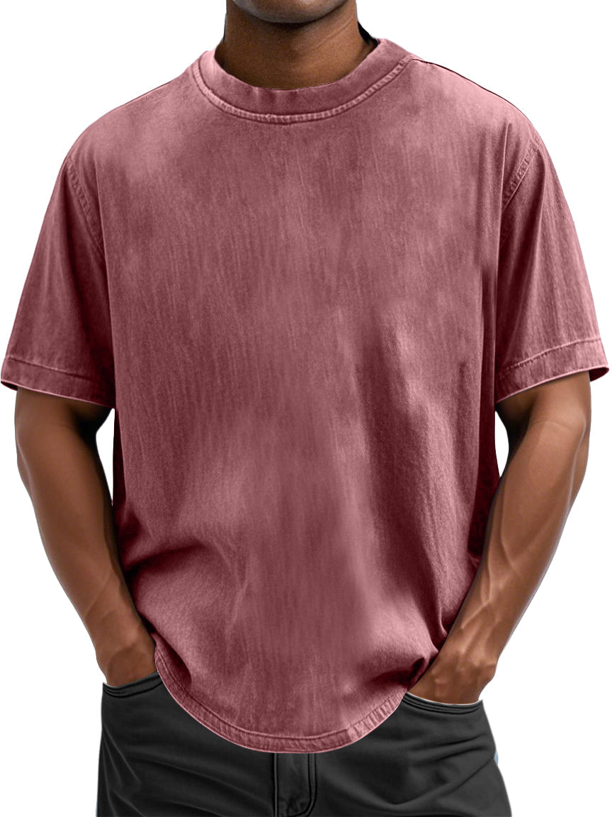 Men's 100% Cotton Casual Basic Versatile Washed Distressed Retro Short-sleeved T-shirt