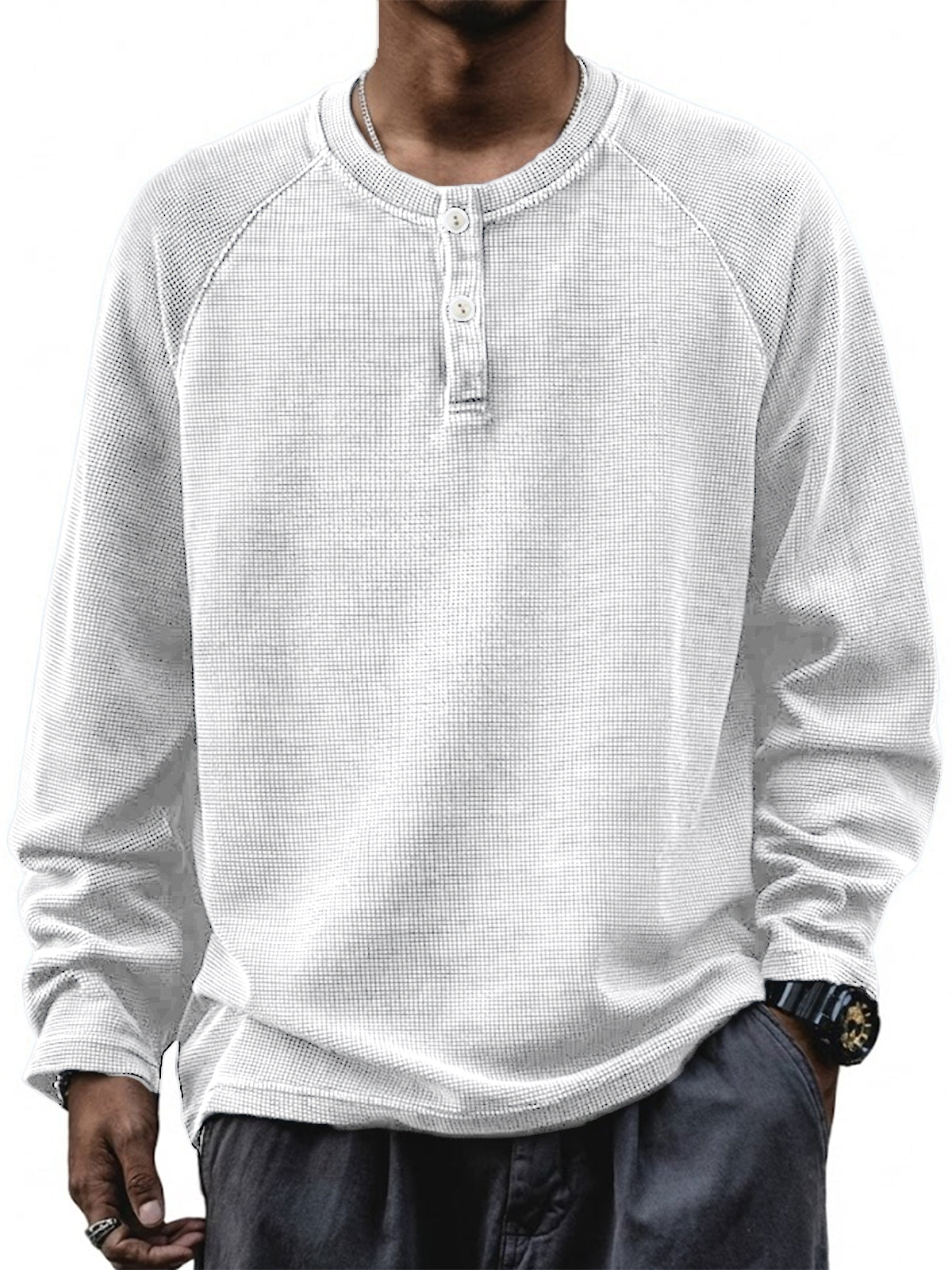 Men's Retro Waffle Raglan Loose Pullover Long Sleeve Henley Shirt