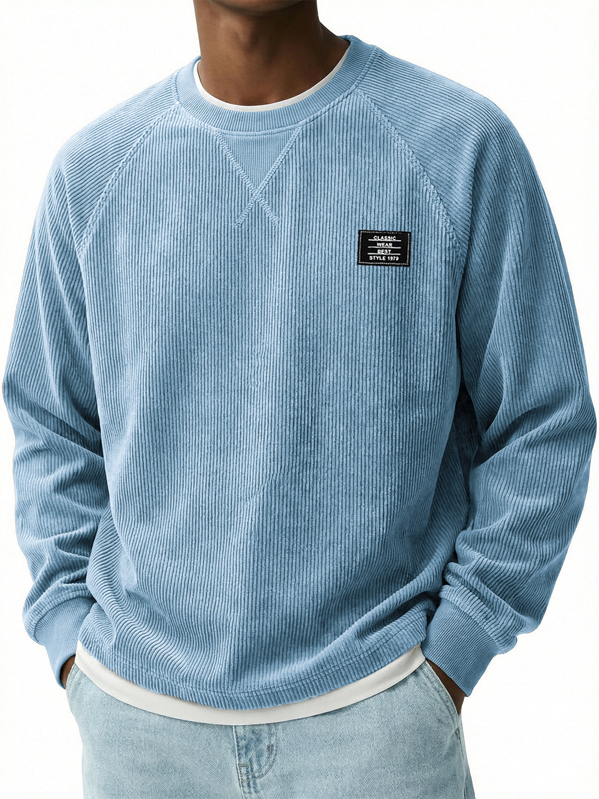 Corduroy Raglan Crew Neck Pullover Top with Stitched Embroidery Design
