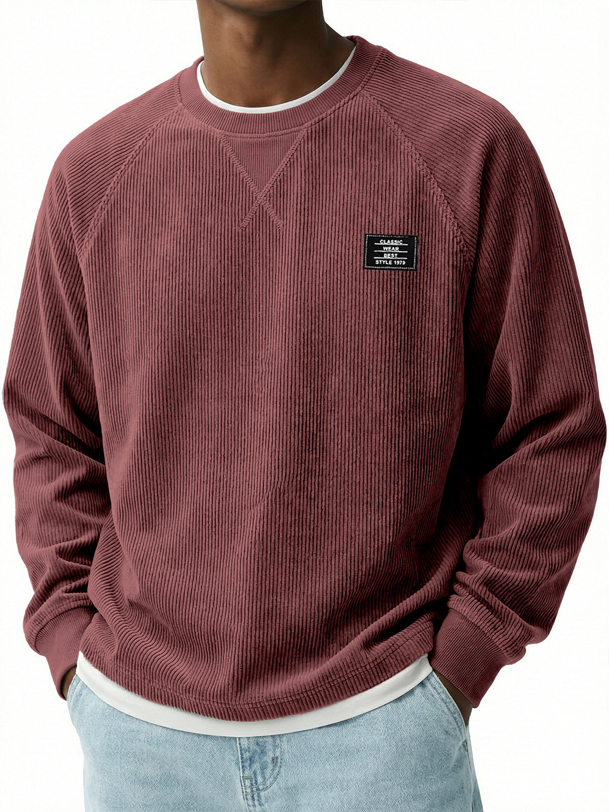 Corduroy Raglan Crew Neck Pullover Top with Stitched Embroidery Design
