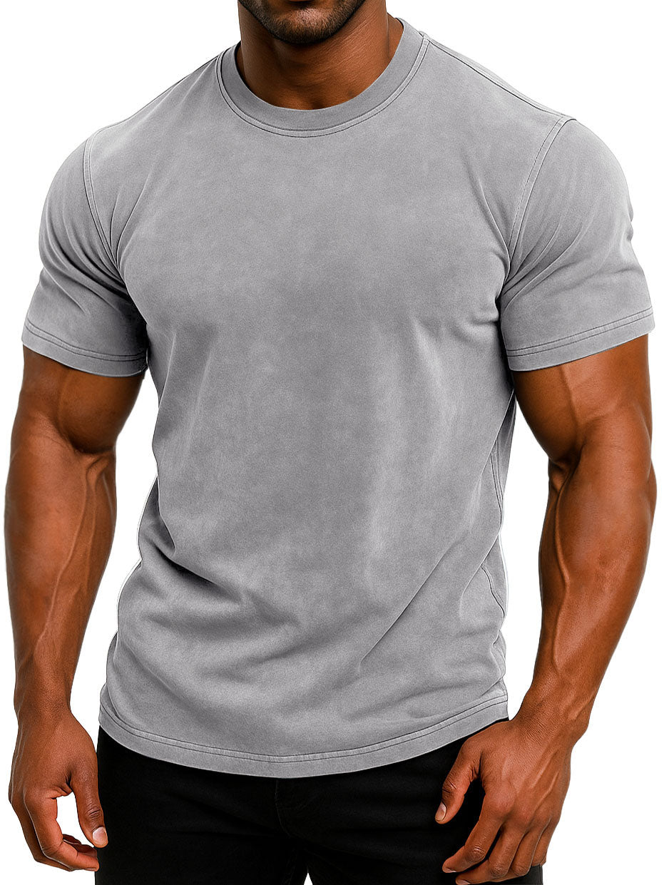 Men's 100% Cotton Retro Washed And Distressed Daily Slim Fit Short-sleeved T-shirt