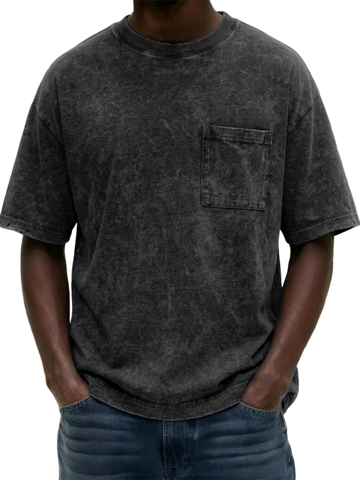 Men's Heavyweight Pure Cotton Washed Distressed Vintage Short-Sleeve T-Shirt with Chest Pocket