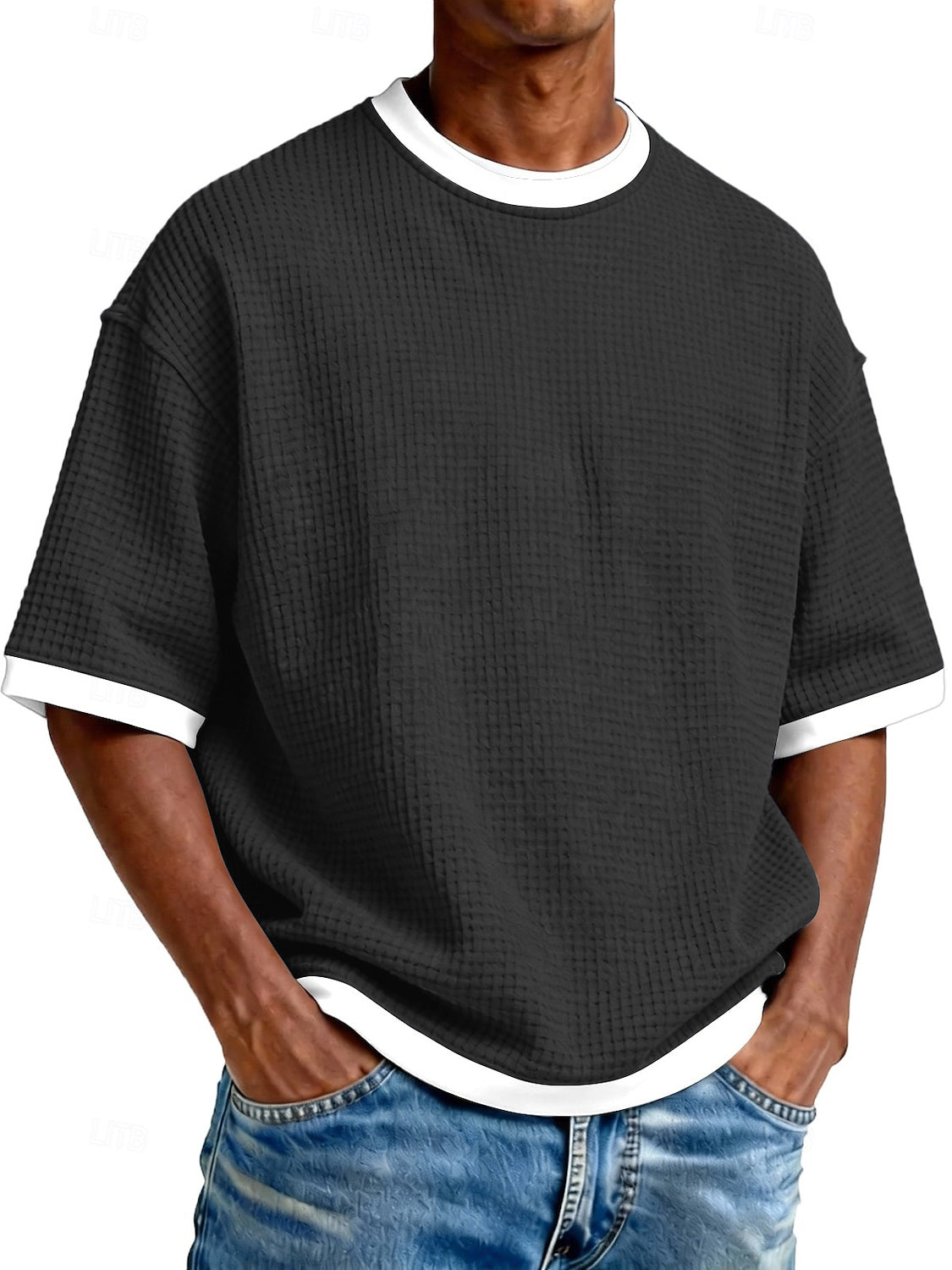 Men's Casual And Stylish Waffle-knit Color-block Crew Neck T-shirt