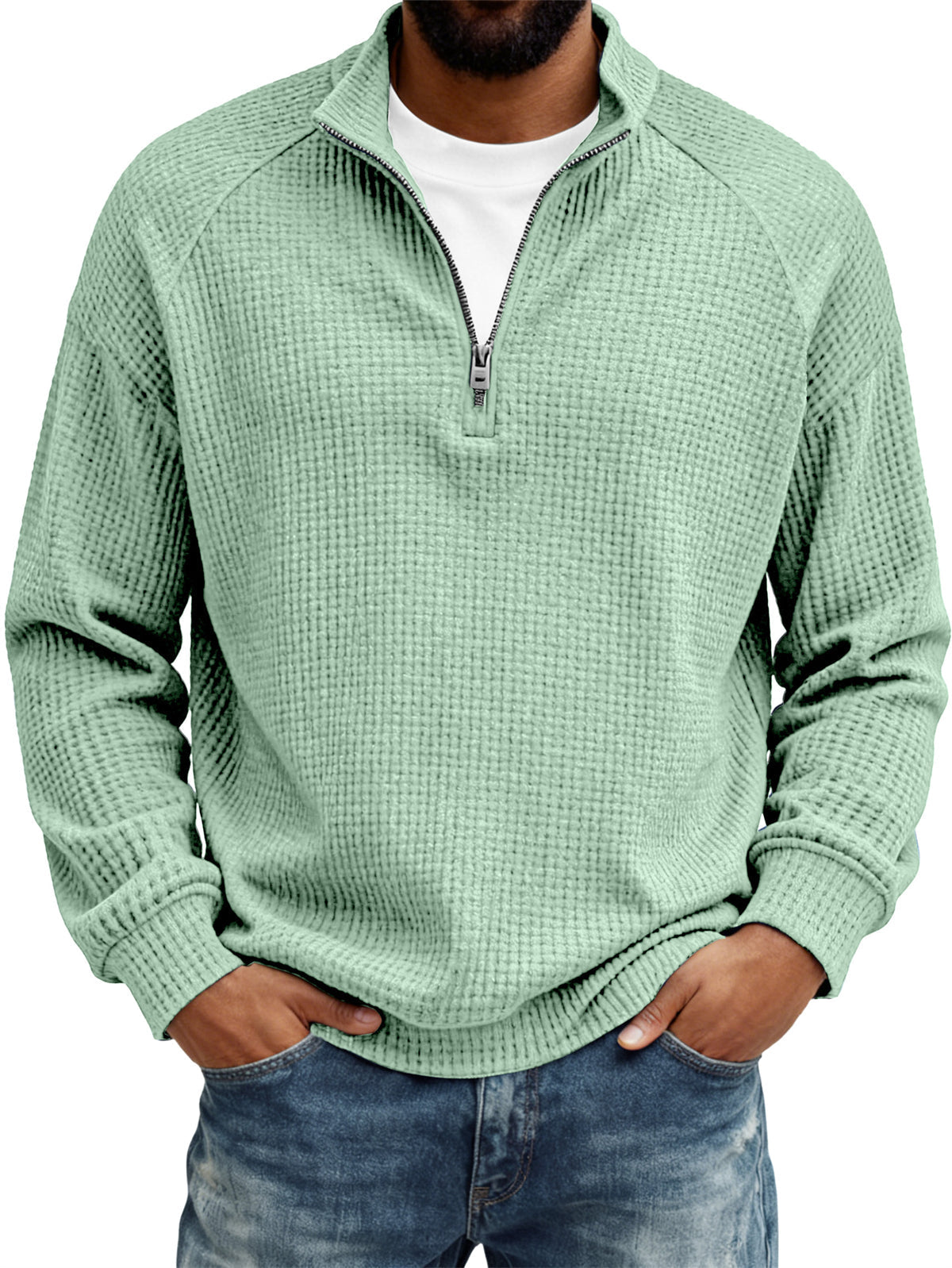 Men's Retro Casual Waffle Fabric Raglan Sleeve Quarter-Zip Long-Sleeve T-Shirt