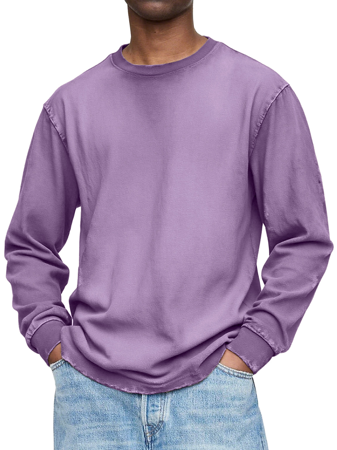 Men's Vintage Washed And Distressed Cotton Crew Neck Long Sleeved T-shirt