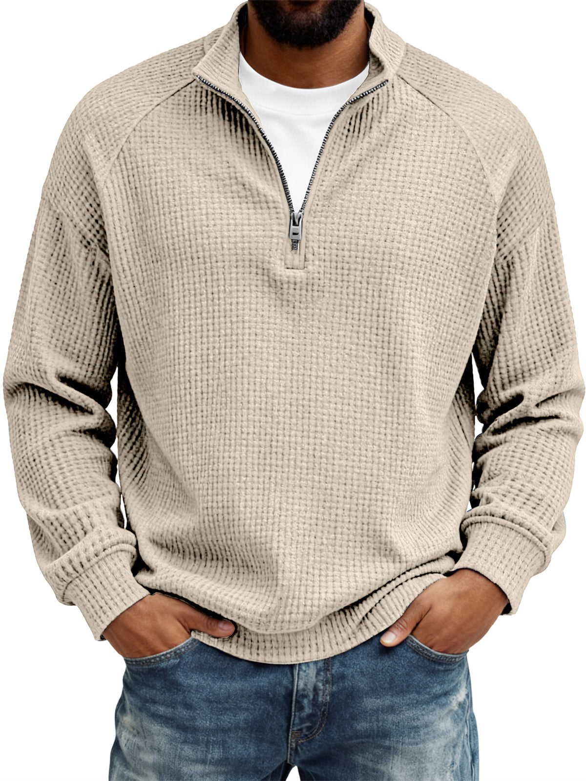 Men's Retro Casual Waffle Fabric Raglan Sleeve Quarter-Zip Long-Sleeve T-Shirt
