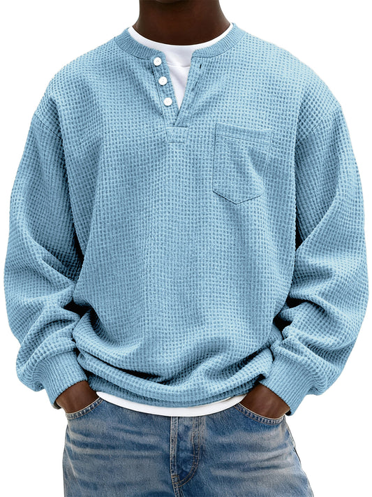 Men's Simple Waffle Henley Pullover with Chest Pocket