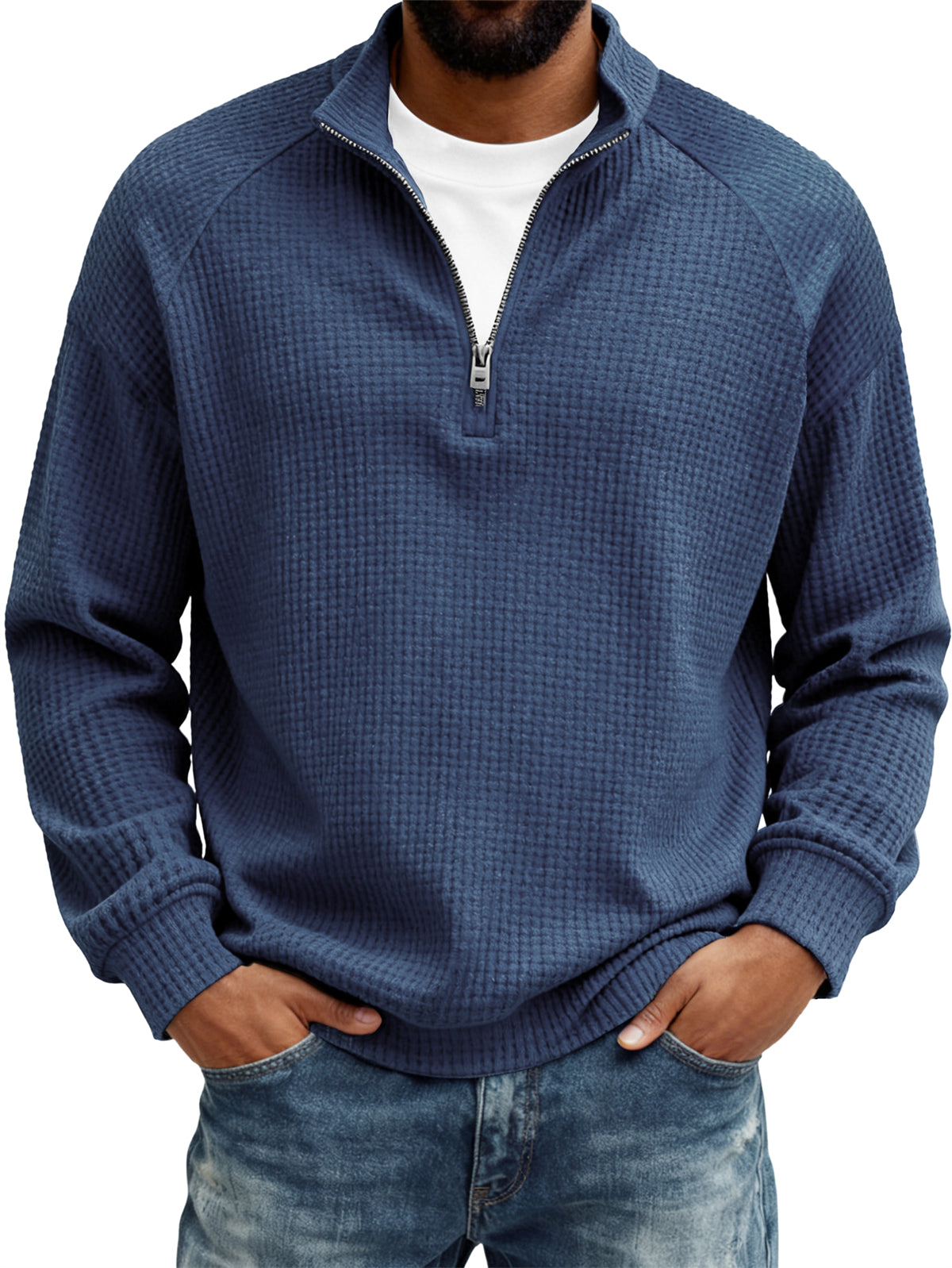 Men's Retro Casual Waffle Fabric Raglan Sleeve Quarter-Zip Long-Sleeve T-Shirt