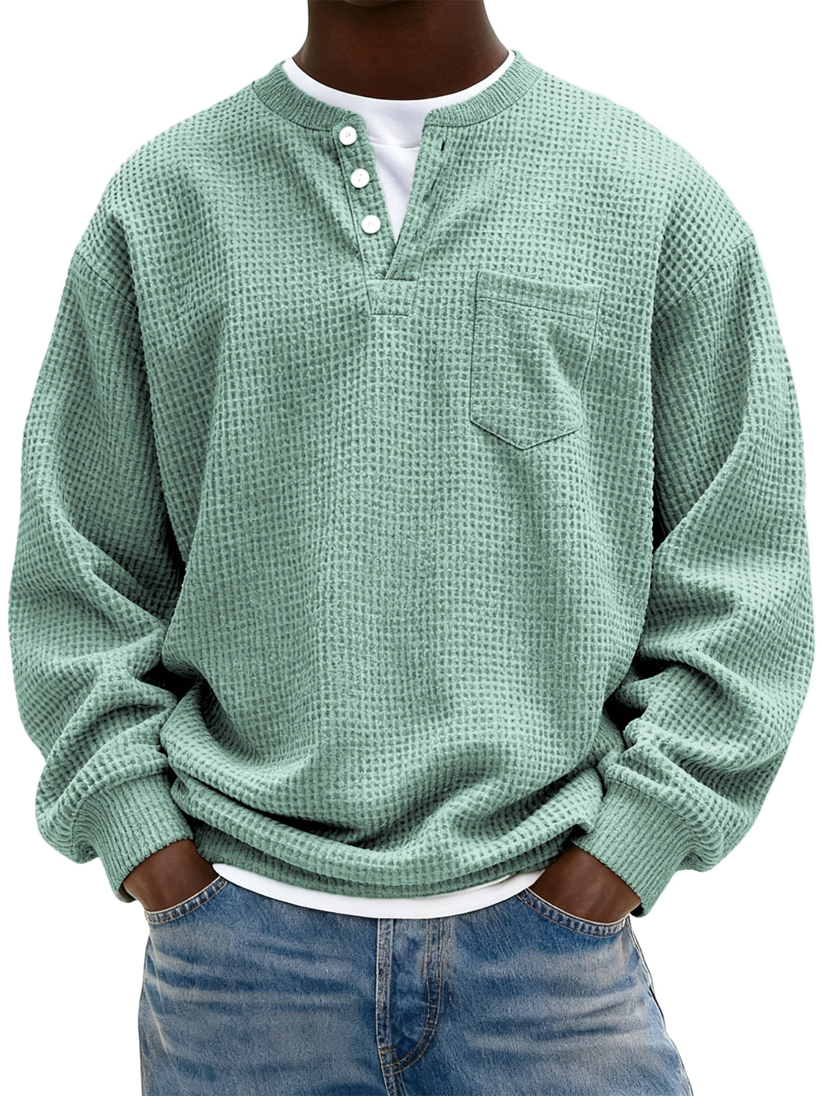 Men's Simple Waffle Henley Pullover with Chest Pocket