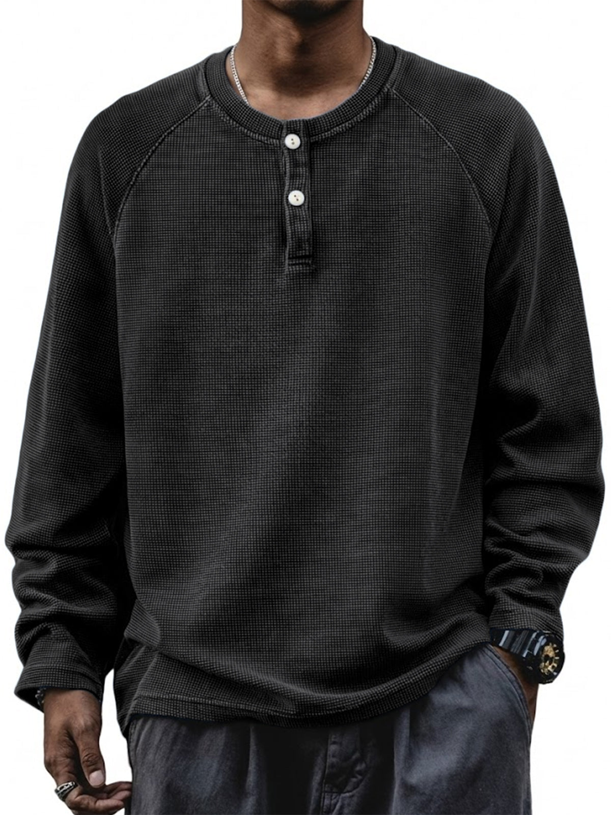 Men's Retro Waffle Raglan Loose Pullover Long Sleeve Henley Shirt