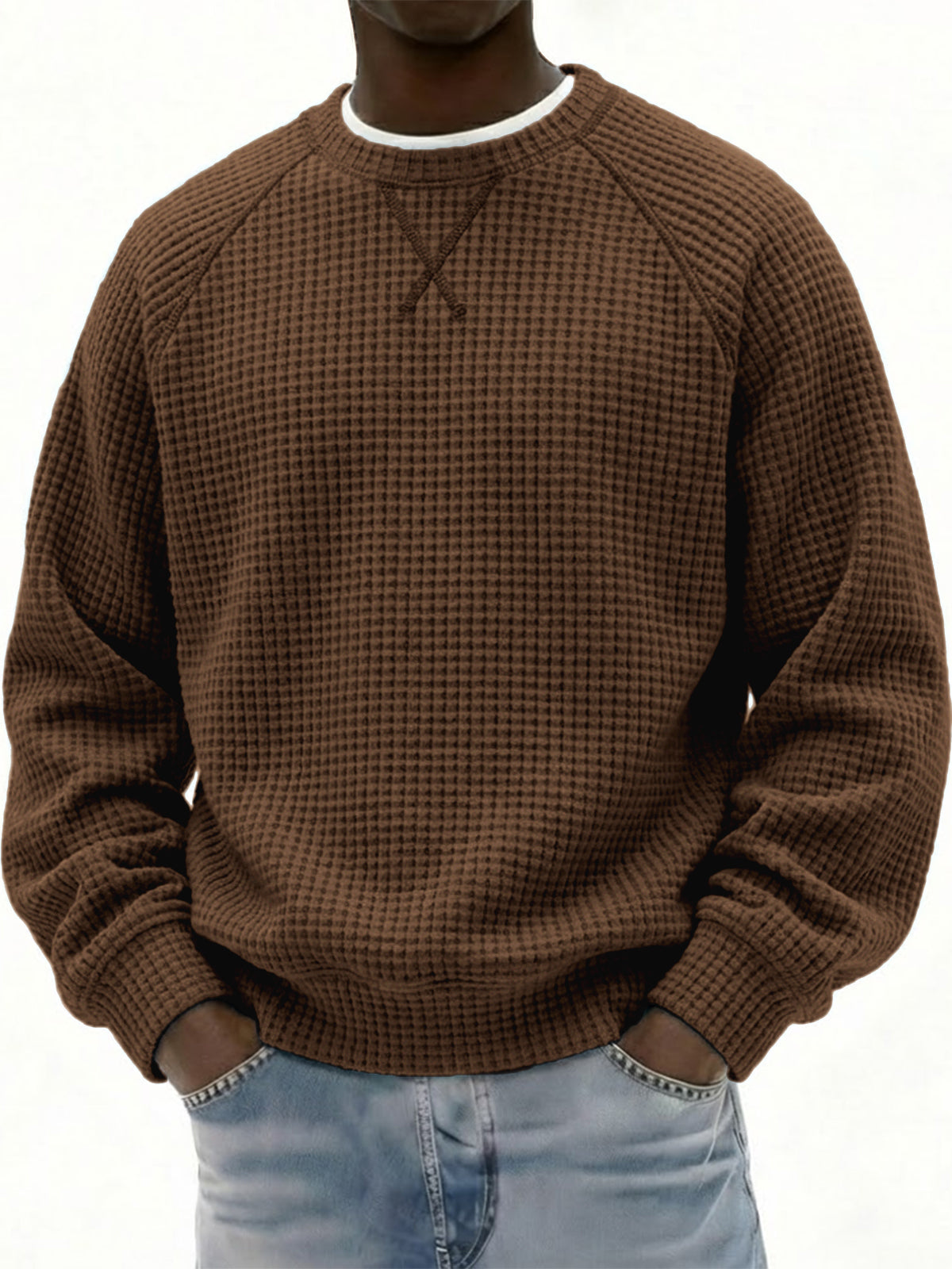 Men's Breathable Waffle Texture Patchwork Design Raglan Minimalist Pullover Top