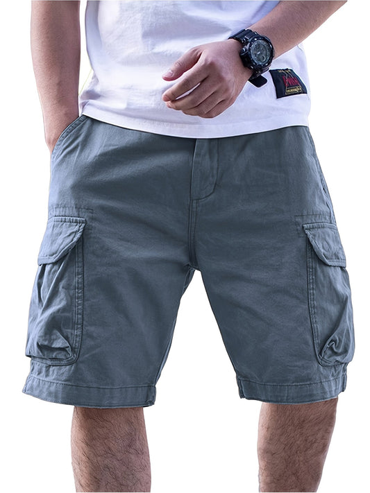 Men's Casual Loose-Fit Cargo Shorts with Multiple Pockets Solid Color Mid-Rise Elastic Waist Drawstring