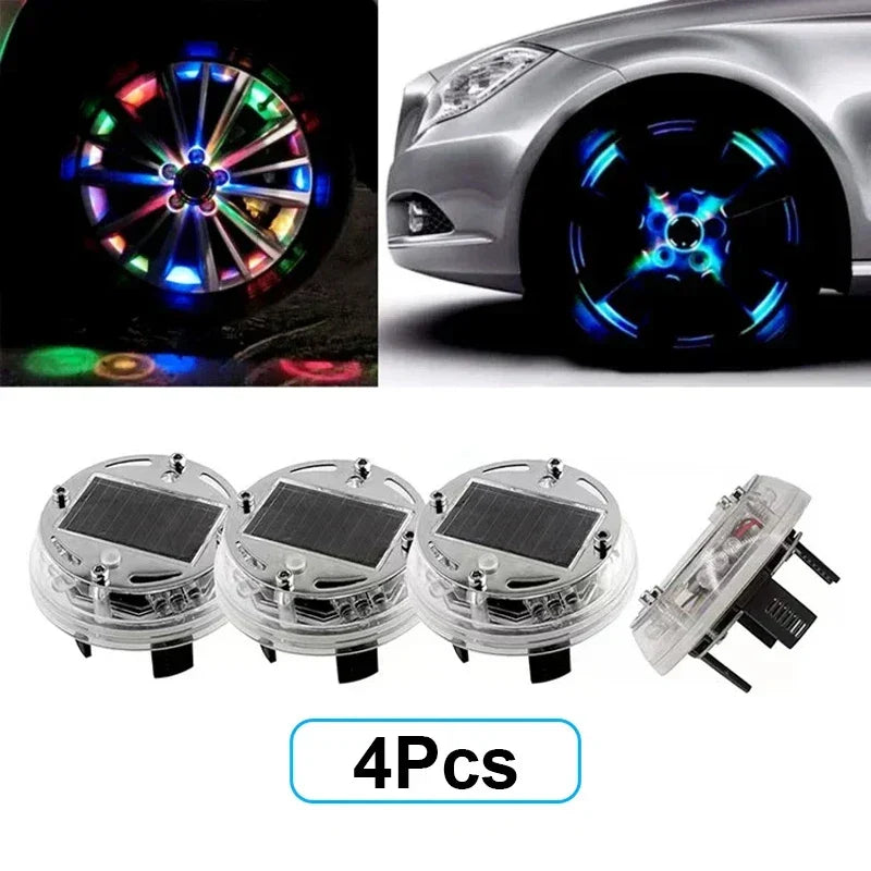 4PCS Universal RGB LED Car Wheel Hub Lights – Solar & Remote Control