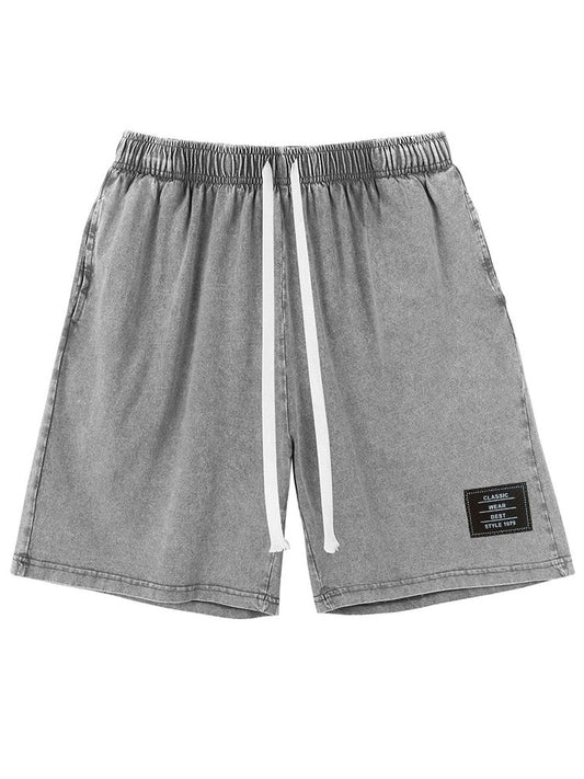 Men's Vintage Washed Distressed Cotton Embroidered Logo Multi-pocket Shorts