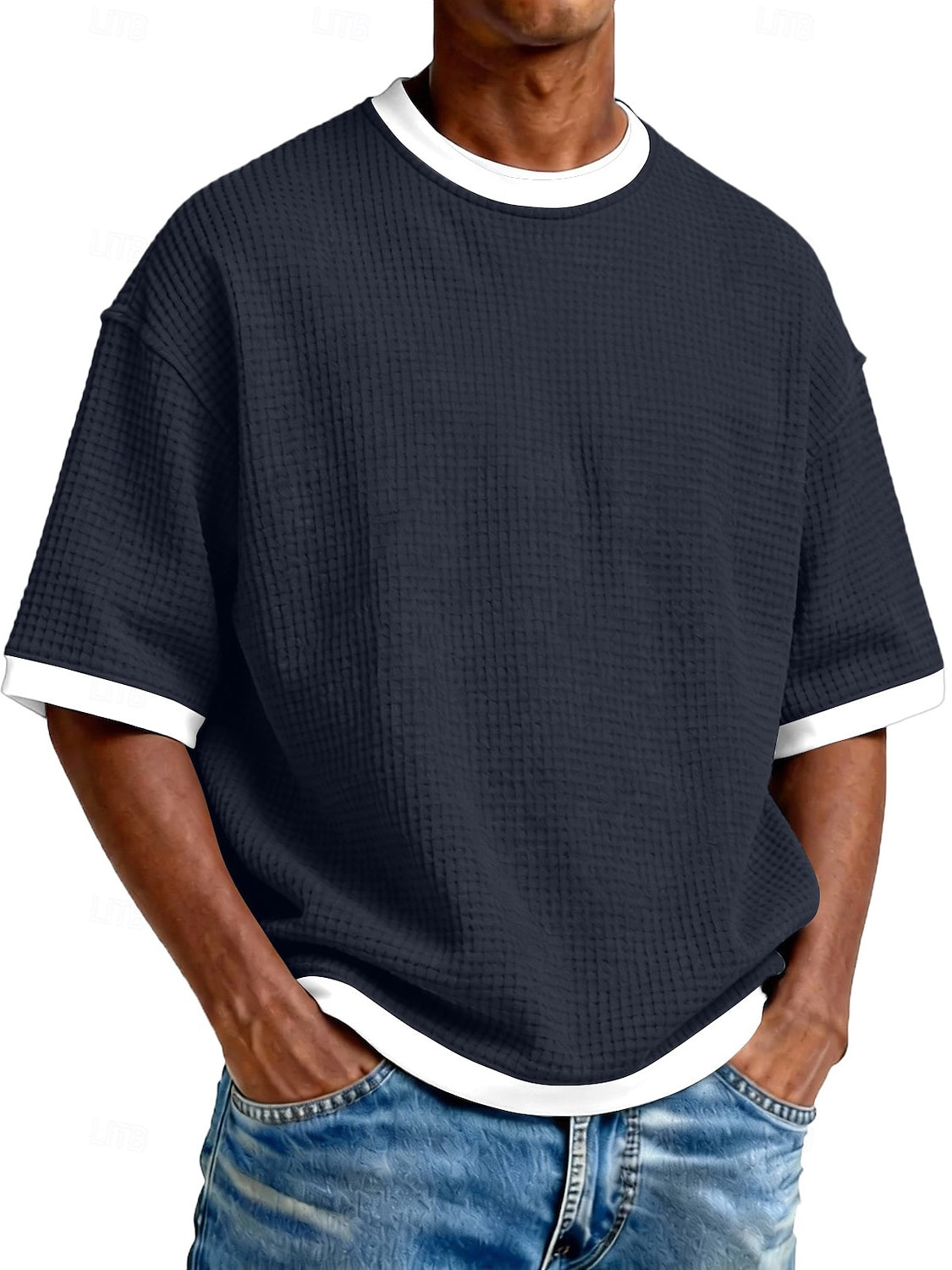 Men's Casual And Stylish Waffle-knit Color-block Crew Neck T-shirt