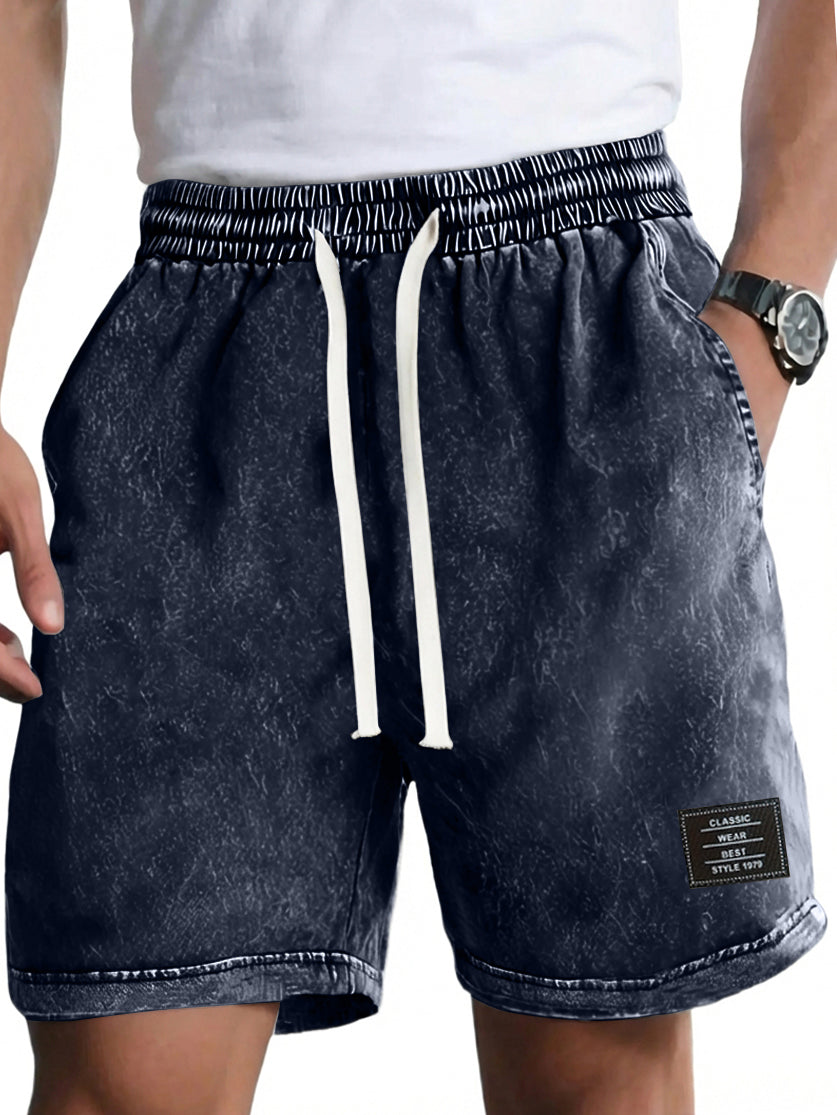 Men's Vintage Washed Distressed Cotton Embroidered Logo Multi-pocket Shorts