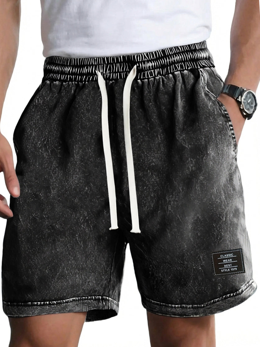 Men's Vintage Washed Distressed Cotton Embroidered Logo Multi-pocket Shorts