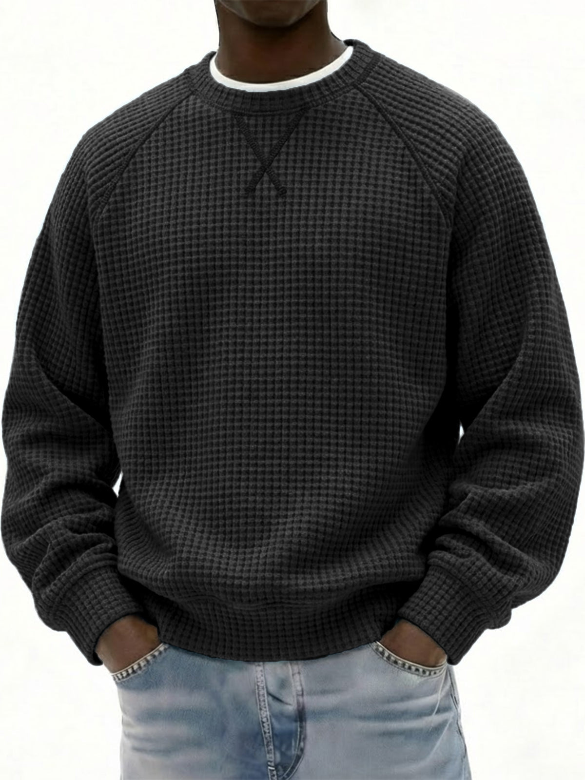 Men's Breathable Waffle Texture Patchwork Design Raglan Minimalist Pullover Top