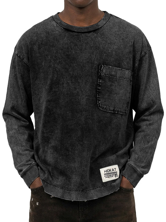 Men's Vintage Washed And Distressed Cotton Long Sleeved T-shirt