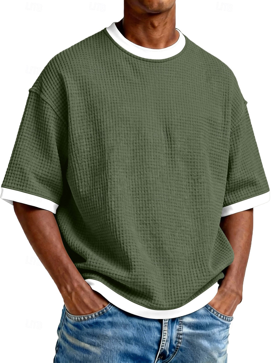 Men's Casual And Stylish Waffle-knit Color-block Crew Neck T-shirt