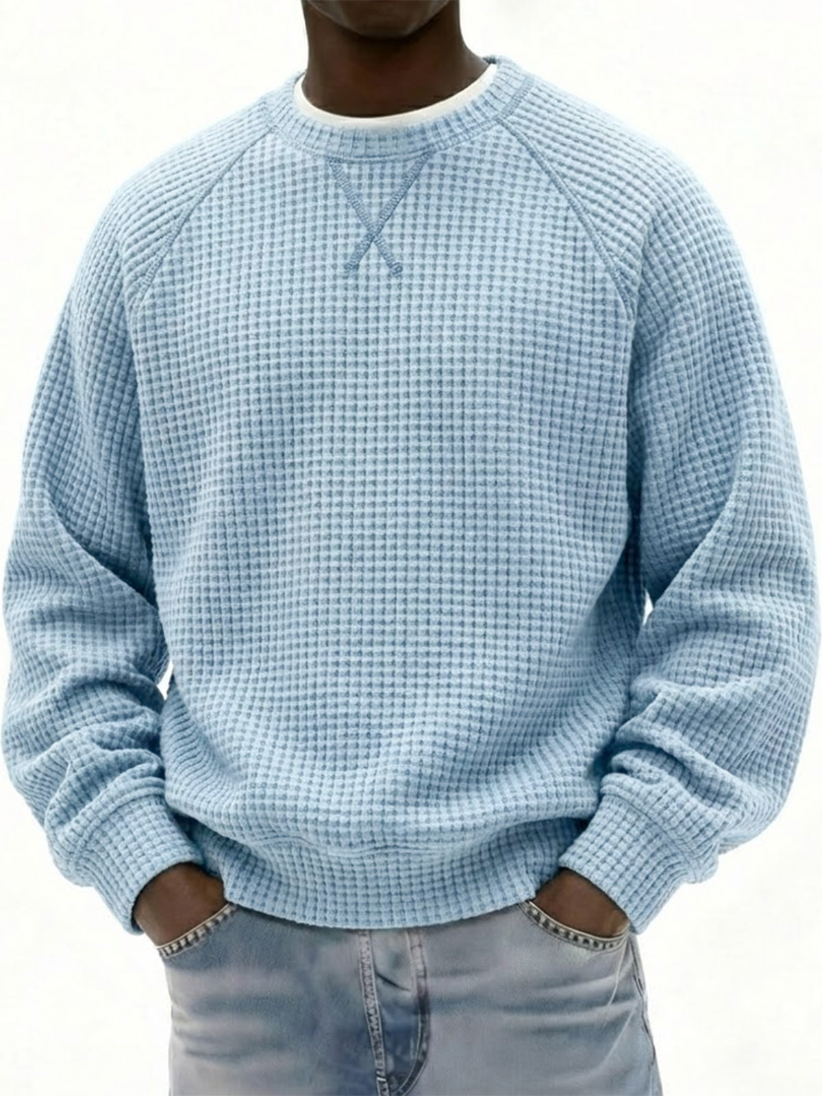 Men's Breathable Waffle Texture Patchwork Design Raglan Minimalist Pullover Top