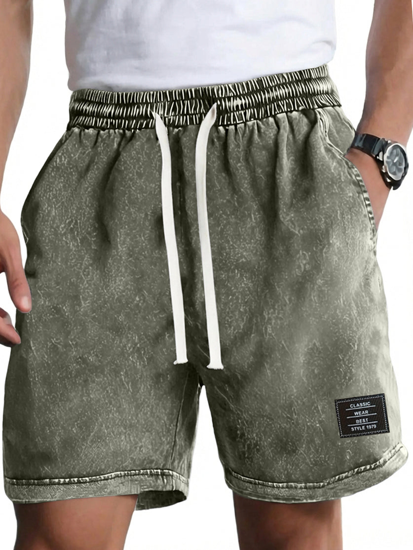 Men's Vintage Washed Distressed Cotton Embroidered Logo Multi-pocket Shorts