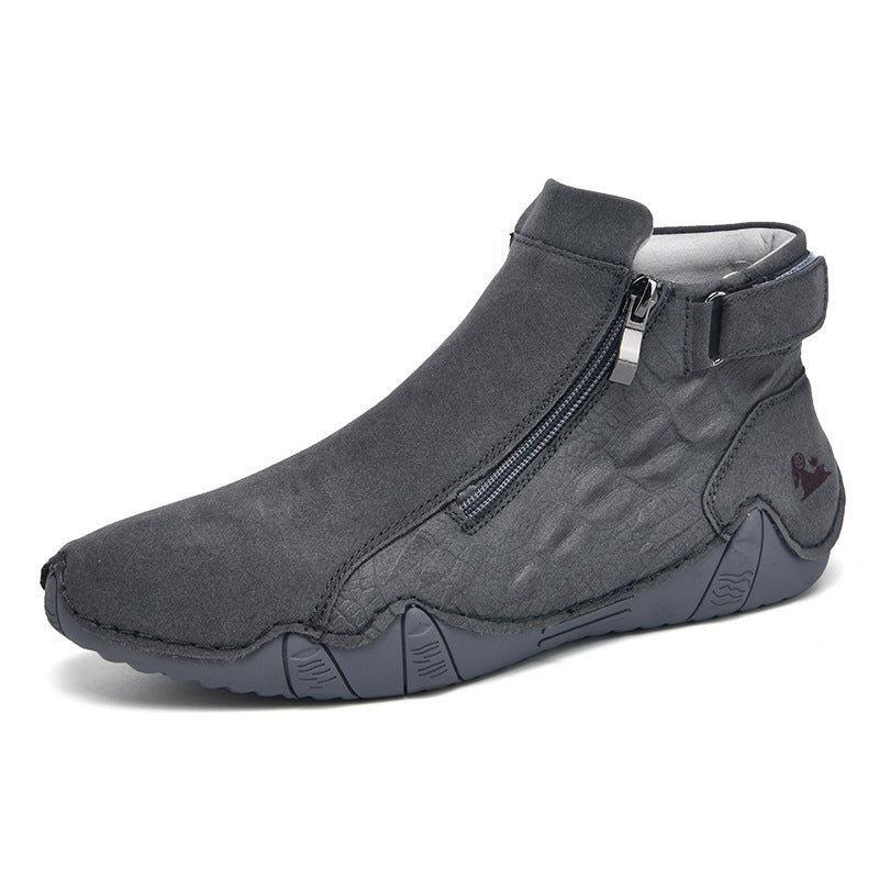 Men’s Genuine Leather Zipper Boots – Casual Slip-On High-Top Boots