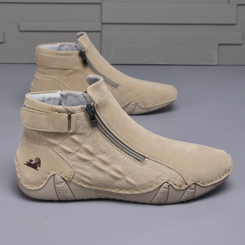 Men’s Genuine Leather Zipper Boots – Casual Slip-On High-Top Boots