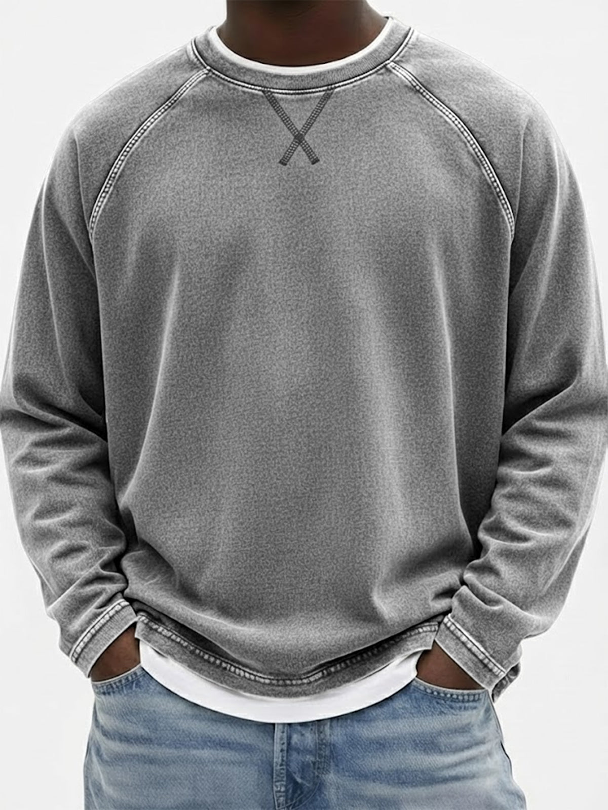 Men's Vintage Dyed Raglan Embroidered Patchwork Pullover Casual T-Shirt