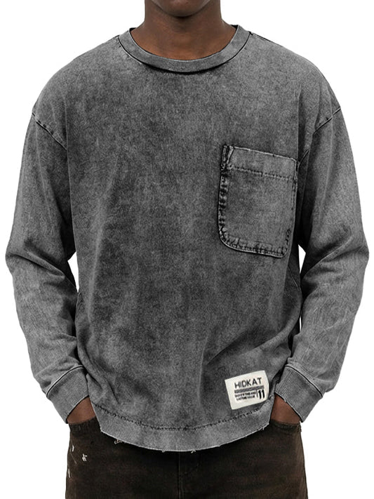 Men's Vintage Washed And Distressed Cotton Long Sleeved T-shirt