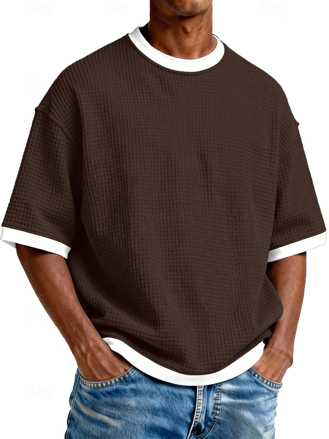 Men's Casual And Stylish Waffle-knit Color-block Crew Neck T-shirt