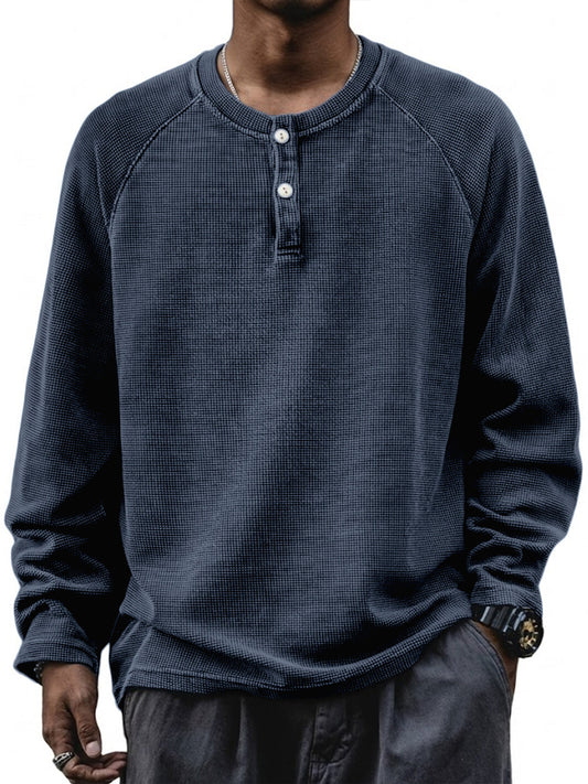 Men's Retro Waffle Raglan Loose Pullover Long Sleeve Henley Shirt