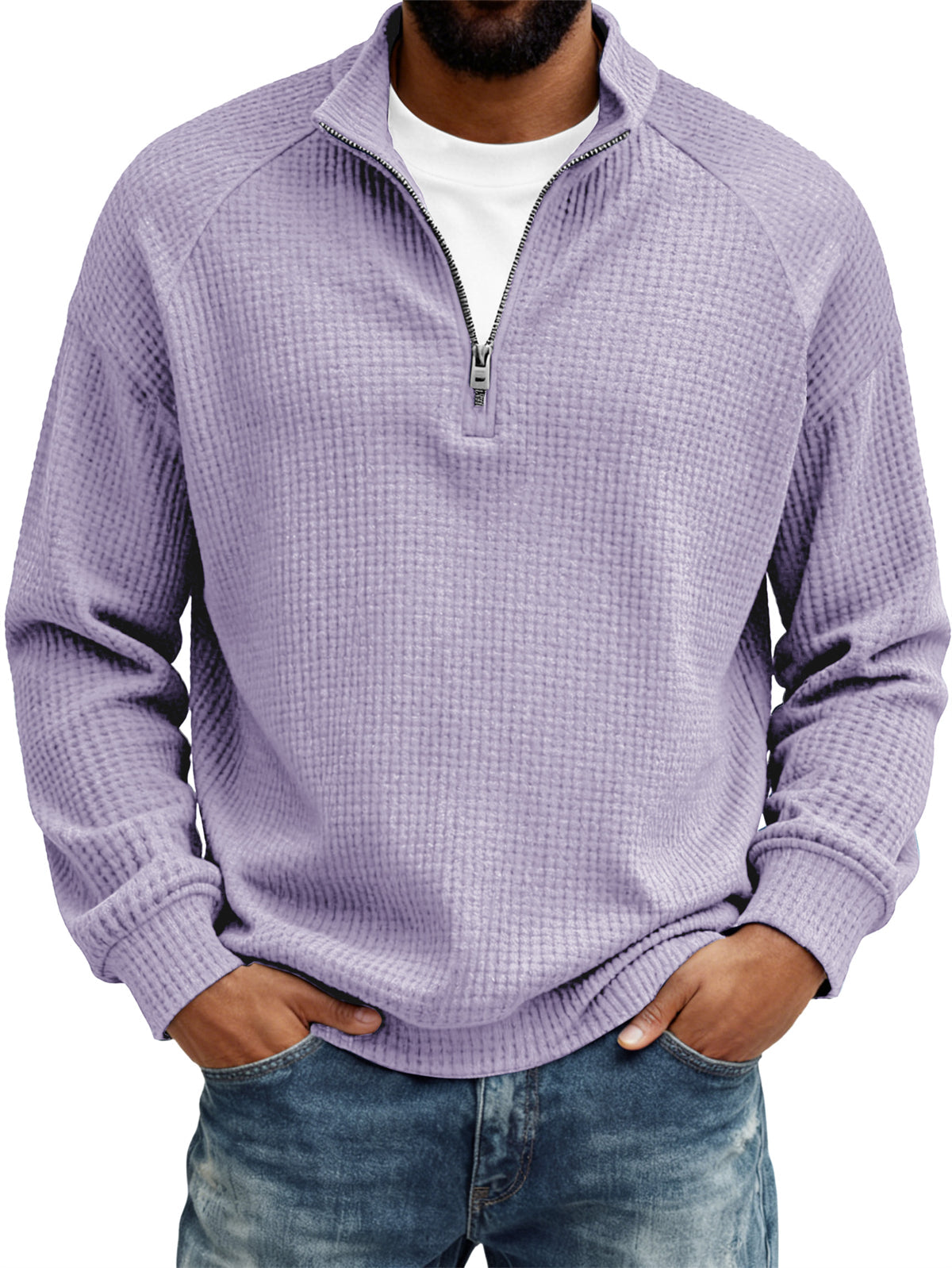 Men's Retro Casual Waffle Fabric Raglan Sleeve Quarter-Zip Long-Sleeve T-Shirt