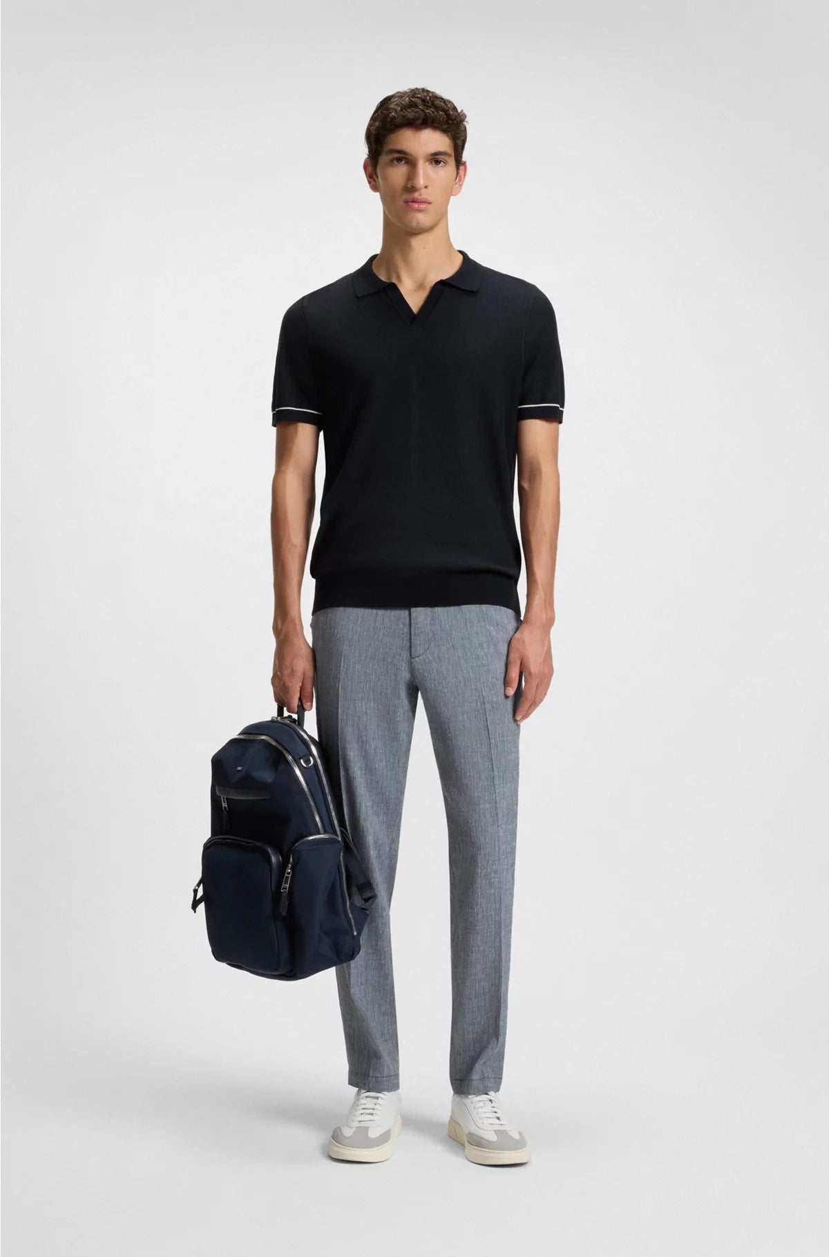COTTON-BLEND KNIT SWEATER WITH JOHNNY COLLAR
