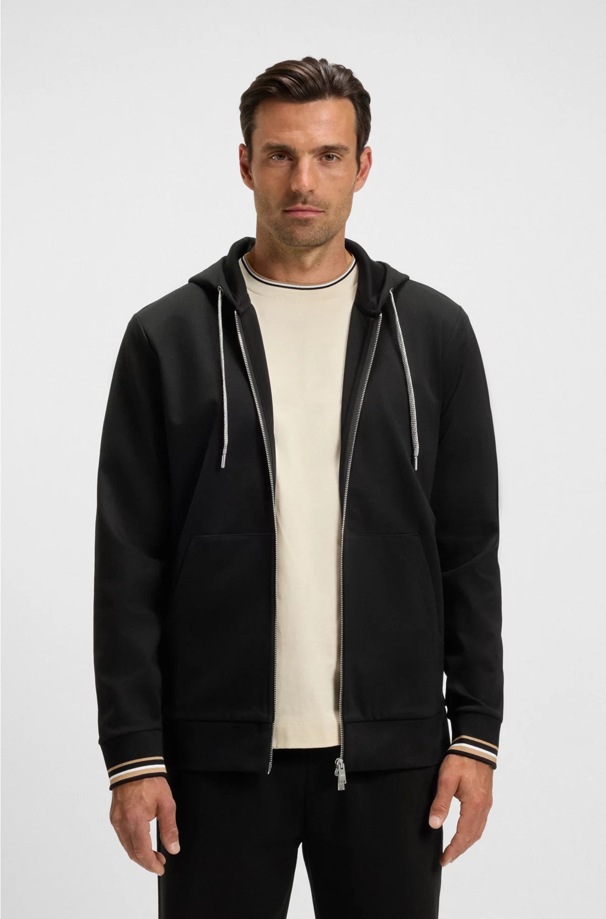 COTTON-BLEND ZIP-UP HOODIE WITH PATTERNED DRAWCORDS