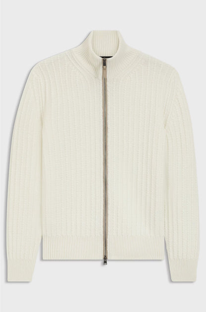 ZIP-UP SWEATER IN CABLE-RIB WOOL AND CASHMERE