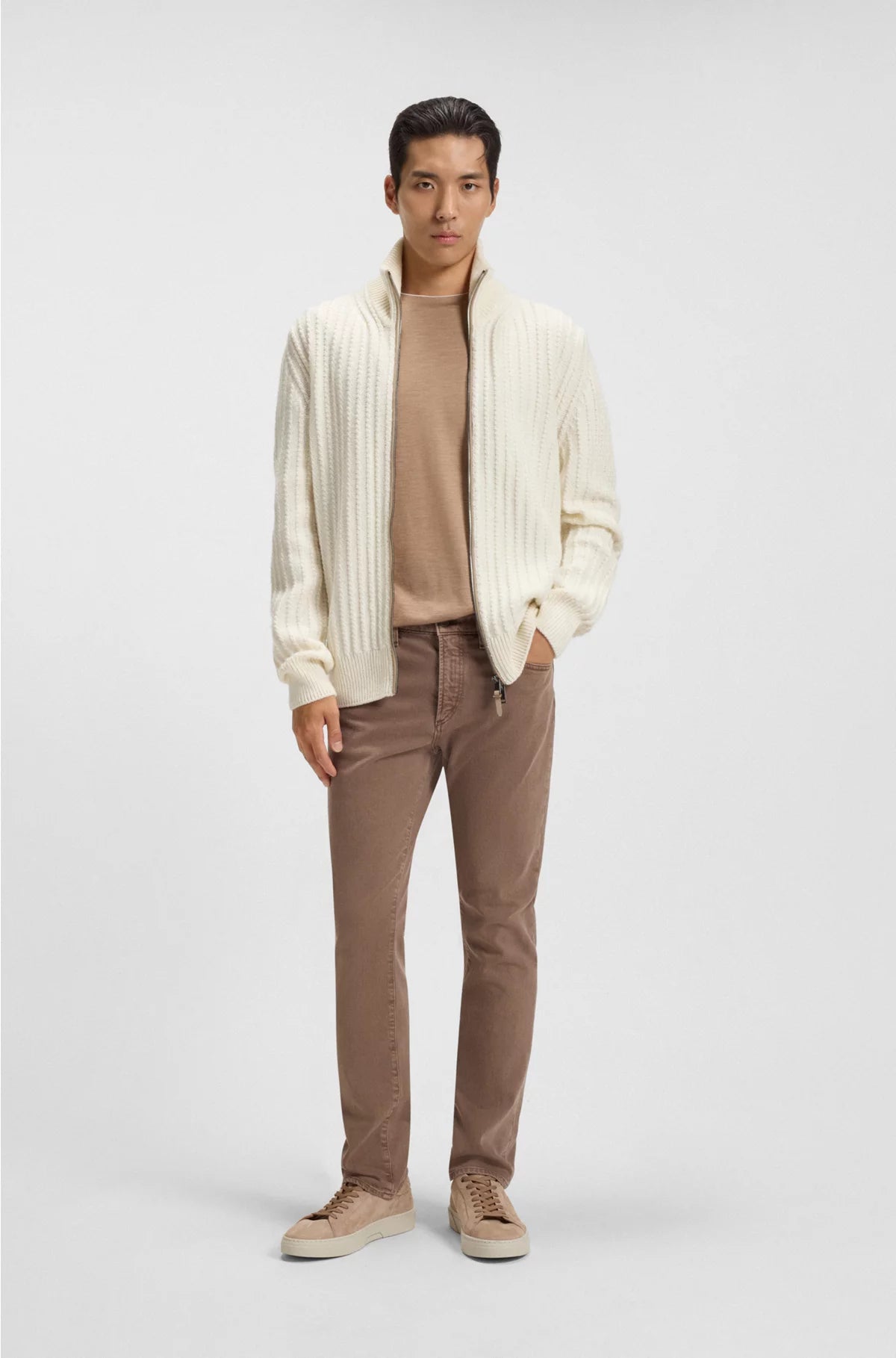 ZIP-UP SWEATER IN CABLE-RIB WOOL AND CASHMERE