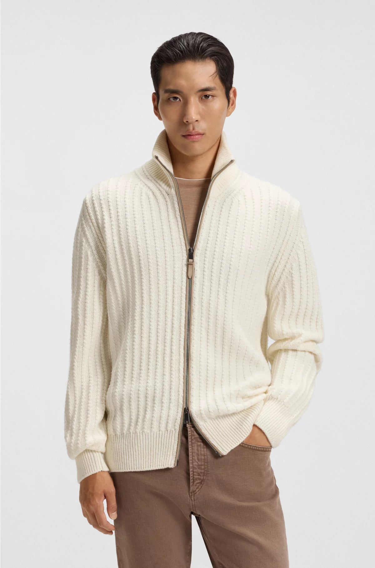 ZIP-UP SWEATER IN CABLE-RIB WOOL AND CASHMERE