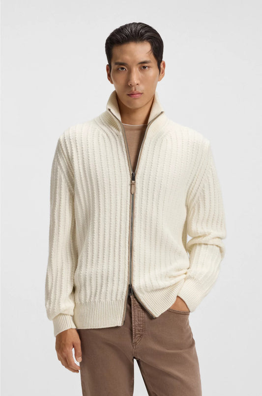 ZIP-UP SWEATER IN CABLE-RIB WOOL AND CASHMERE