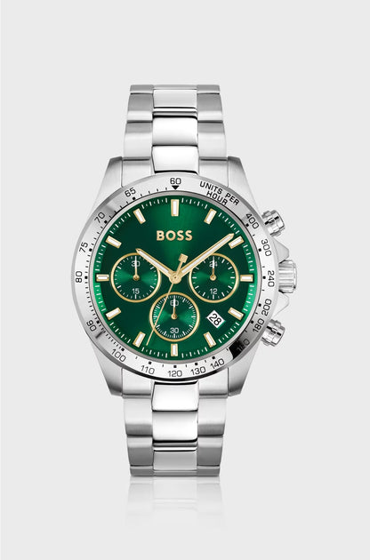 SILVER-TONE CHRONOGRAPH WATCH WITH GREEN DIAL