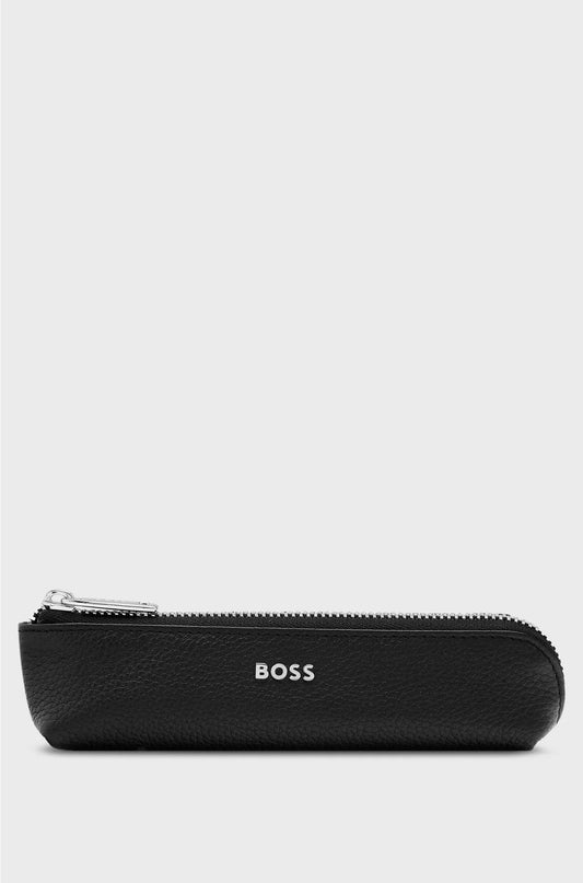 GRAINED-LEATHER PEN CASE IN BLACK WITH LOGO LETTERING