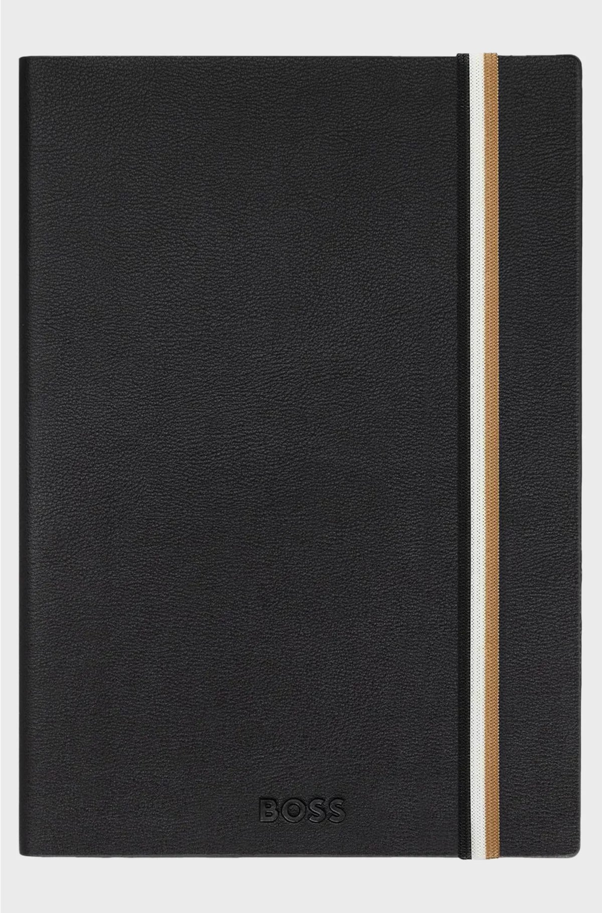 A5 BLACK FAUX-LEATHER NOTEBOOK WITH SIGNATURE-STRIPE STRAP